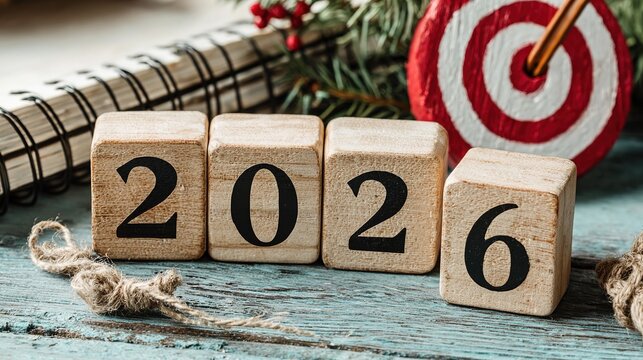 New-Year stationery banner: wooden 2026 hexagons + target blue top-view, shallow DOF—ideal for calendar, notebook, planner launch header