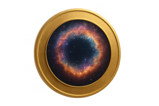Gold porthole frame observing colorful nebula in space