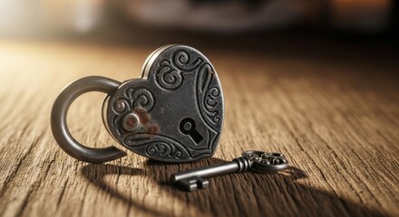Vintage heartshaped padlock and key on rustic wood with warm lighting