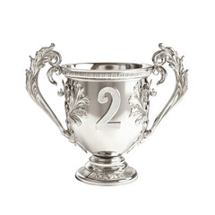 Silver second place trophy isolated on transparent background, showcasing ornate handles and the number 2 prominently displayed, symbolizing achievement and competition