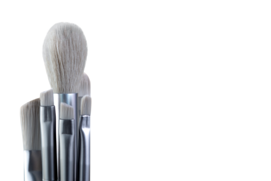 Professional cosmetic brush collection for beauty routine isolated on transparent background.