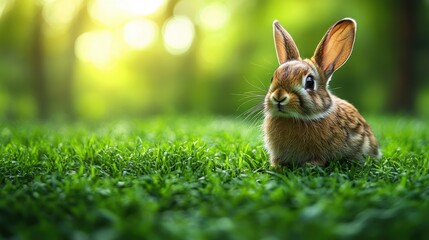 Fototapeta premium A charming rabbit peacefully rests amidst a lush green meadow, bathed in the warm glow of sunlight filtering through the trees. A serene and idyllic scene.