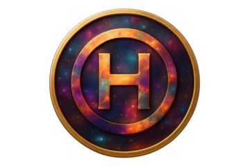 Letter h golden emblem with cosmic nebula background
