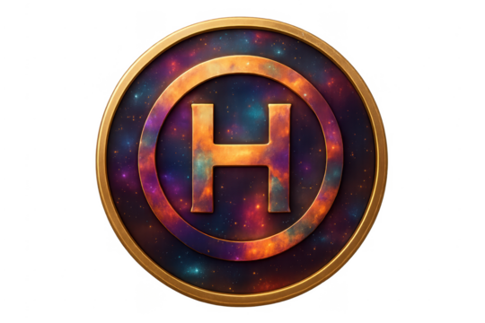 Letter h golden emblem with cosmic nebula background