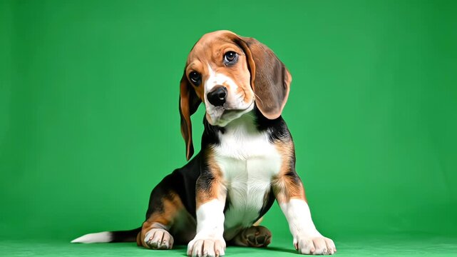 Close view of an inquisitive puppy nodding its head slightly in a neutral daylight green screen setup