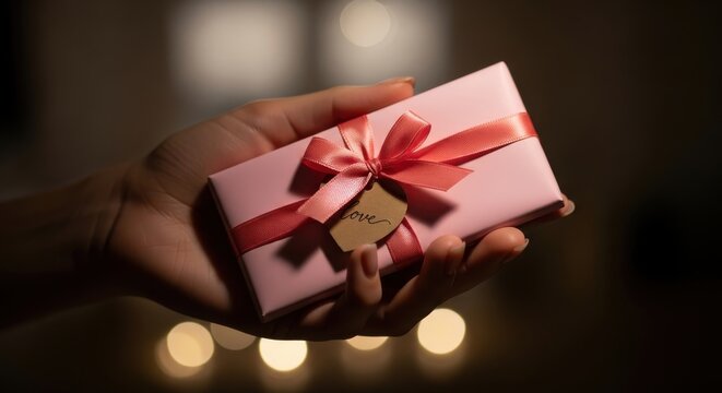 A persons hand gently holds a beautifully wrapped pink gift box with a red ribbon