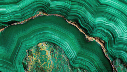 Stunning malachite gemstone showcasing intricate banded patterns of vibrant green and contrasting natural inclusions, a true geological marvel.
