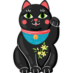 Pixel Art Black Maneki Neko Cat Lucky Charm with Yellow Flowers and Blue Collar Waving Paw for Good Fortune