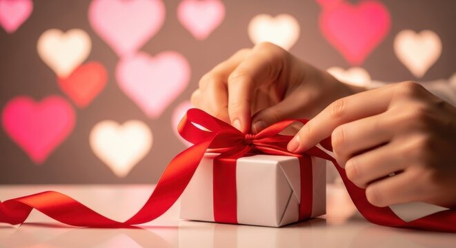 A persons hands tying a red ribbon on a small white gift box with heartshaped bokeh lights in the background