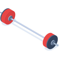 Silver barbell with red weight plates on a clean white background in isometric view representing weightlifting and fitness