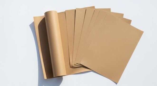 Brown kraft paper roll and stack of sheets on white background. Blank eco-friendly material for crafting, packaging, and DIY projects.