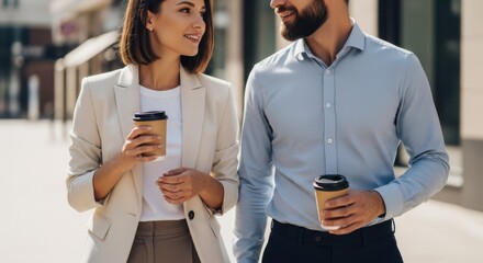 Woman and man talking and walking outdoors with coffee cups. Pleasant conversation during coffee break. Daily city life for business people.