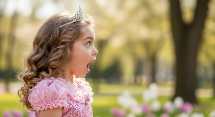Obraz premium Little girl in a sparkly pink princess dress and tiara looking surprised or shocked with her mouth open in a park. Childhood wonder and surprise.