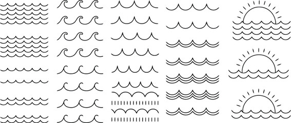 Set of Minimalist Black and White Ocean Wave Illustrations with Rising Sun Iconography