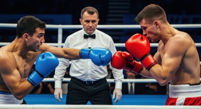 Two men boxing in ring with referee in background. Intense combat sport match for active lifestyle and fitness training concept.