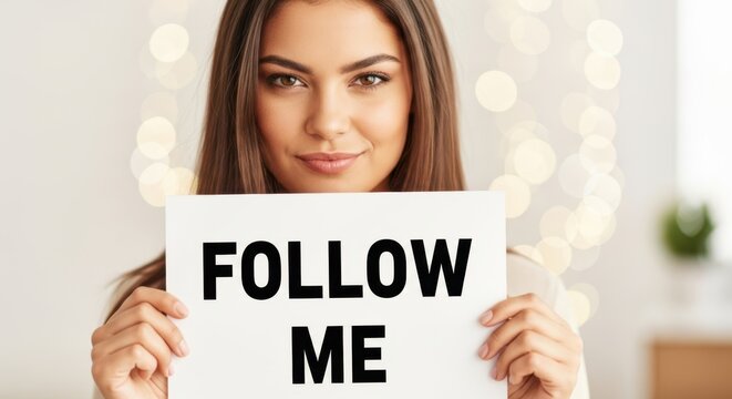 Woman holding a sign with follow me text. Social media influencer advertising her channel. Concept for gaining followers or online marketing.