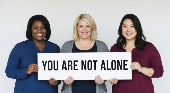 Group of women holding a sign with text you are not alone. Support, inclusion, and friendship concept for mental health awareness.