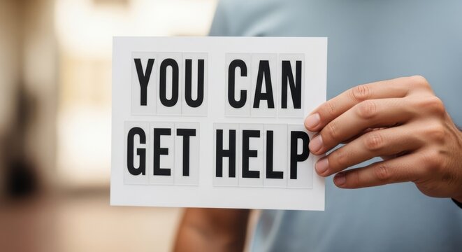 Man holding a sign that reads you can get help, offering support and encouragement concept. Awareness message for mental health and community assistance.
