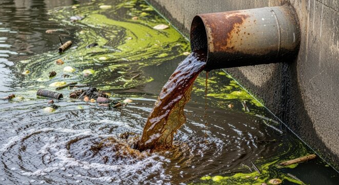 Brown liquid pouring from a rusted pipe into polluted water covered with green algae and garbage. Industrial discharge causes environmental damage.