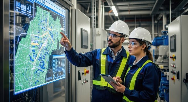 Man and woman industrial engineer discussing factory map on digital screen. Smart industry control system using modern technology for future development.