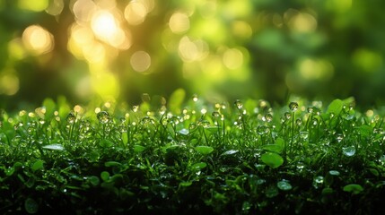 Obraz premium A tranquil morning scene featuring dew-covered grass illuminated by sunlight. The image evokes a refreshing and peaceful atmosphere, perfect for nature, wellness, or relaxation themes.