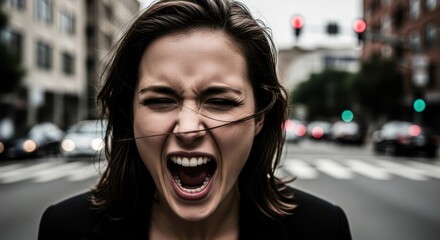 Woman screaming in urban street setting with furrowed brow. Intense emotion and frustration concept in a city environment for mental health.