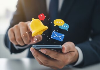Businessman interacting with social media and communication notifications on his smartphone screen