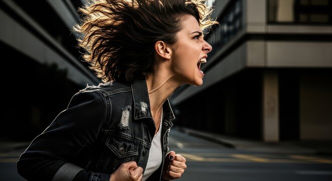 Woman screaming with intense anger and frustration, showing strong emotion. Concept of stress, protest, or expression of pain and defiance.