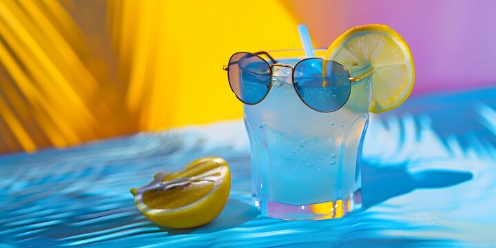 Refreshing cocktail with sunglasses and lemon slice, embodying a fun summer vibe.
