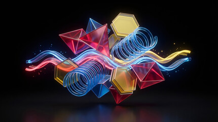 Abstract background with futuristic 3d geometric shapes. Floating pyramids, hexagons, and coils with flowing neon light streams. Modern technology and digital innovation concept
