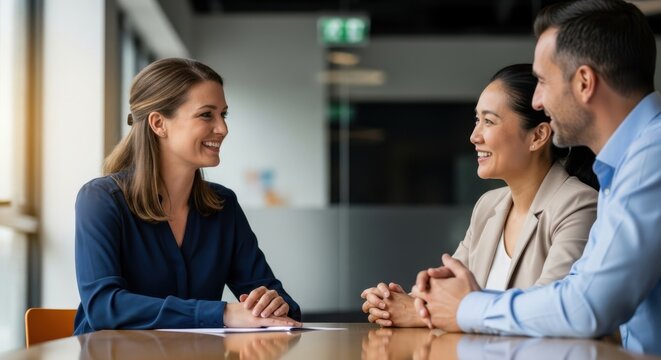 Teacher and parents conversing in office setting. Two women and one man engaging in positive discussion for team collaboration and corporate meeting.