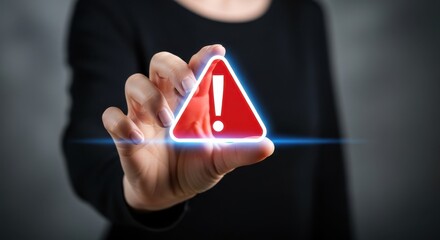 A womans hand holding a glowing red warning sign, representing risk, danger, and important notification. Concept of business security and attention.