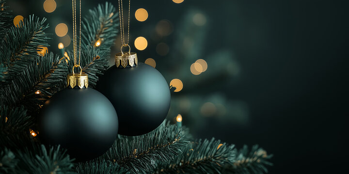 Decorated xmas spruce tree with Christmas black ornaments and lights on black bokeh background. Merry Christmas card. Winter holiday festive theme. Happy New Year.