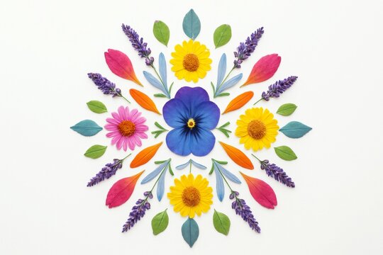 Bright floral mandala pattern made of colorful flower petals and leaves arranged symmetrically on a white background. Ai generative. Ai generative