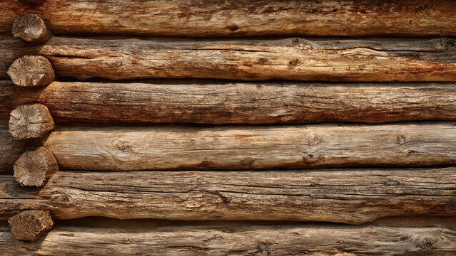 Rustic log cabin wall close-up, showcasing weathered timber, rough texture, and interlocking joints. Natural wood pattern background.