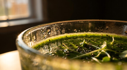 Close-up of a healthy green smoothie in a glass with condensation. Fresh detox drink garnished with chia seeds and microgreens in natural morning light. Wellness and nutrition concept