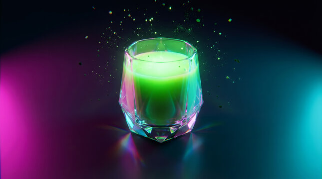 Futuristic glowing green cocktail in a geometric crystal glass. Magic elixir or potion with vibrant neon lights and sparkling particles