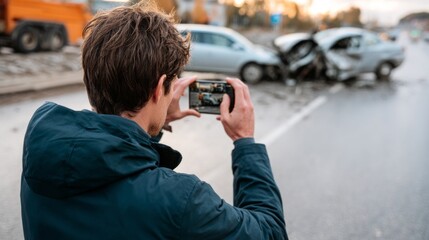 A man stands on the side of a busy road, using his smartphone to document a recent car accident. Two vehicles are involved in a collision, and the scene shows damage and chaos