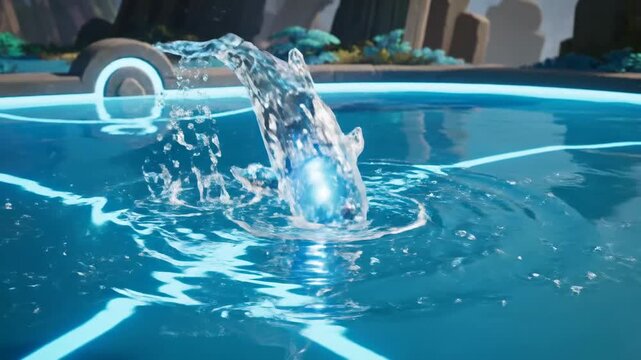 Animated water dolphin leaping from pool with geometric patterns and bright lighting
