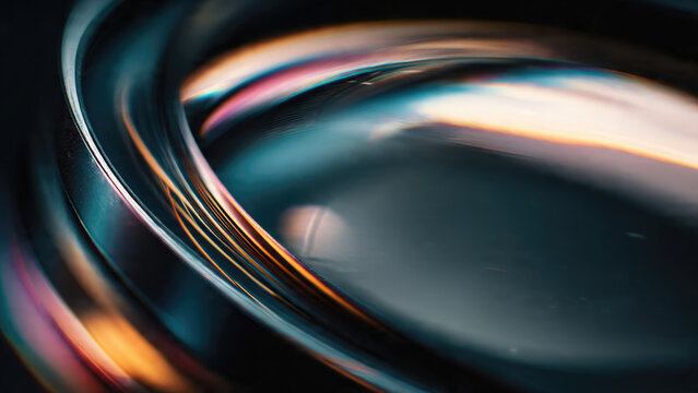 Abstract image of smooth, reflective, curved surfaces with vibrant light reflections, showcasing depth, motion, and a sleek, futuristic aesthetic.
