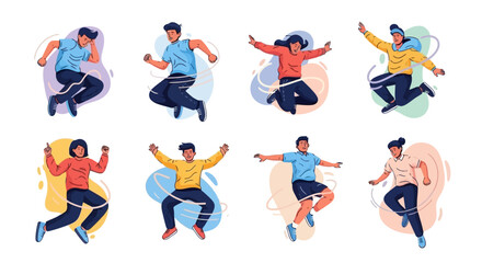 Energetic human figures in mid-air poses, diverse expressions. Dynamic motion and conceptual illustration