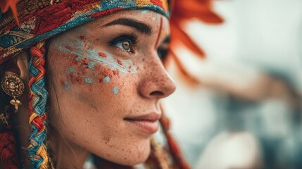 Young woman with traditional tribal face paint and elaborate headpiece.
