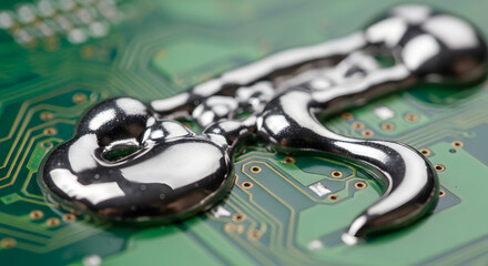 Liquid Metal on Circuit Board, Shiny liquid metal on a green computer circuit board with gold details, highlighting technology and engineering