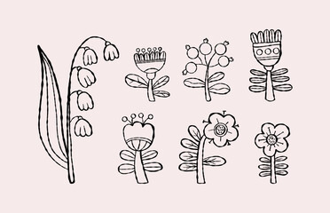 Outline Flowers Doodle. Botanical plants Lily of the Valley, Berries and Chamomile collection. Isolated Textured hand drawing sketch. Vector illustration. Not AI