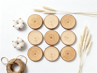 Wooden coasters arranged with cotton bolls and dried wheat on white background  