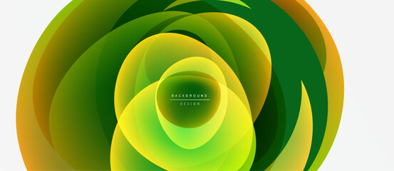 Abstract layers create vibrant circular design. Green, yellow hues blend, forming dynamic visual effect. Modern, smooth gradients present.