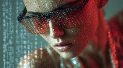 Futuristic augmented reality experience with digital code overlay on a person's face.