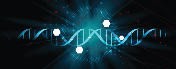 Abstract medical or science hexagons background, DNA strands, connected neural web