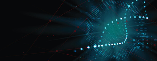 Abstract medical or science hexagons background, DNA strands, connected neural web