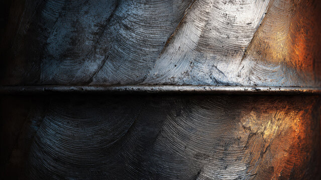 Textured metal surface with dramatic lighting, showcasing intricate swirl patterns and a prominent horizontal seam, featuring cool and warm metallic tones.